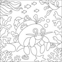 black and white under the sea landscape illustration with hermit crab. Ocean life line scene with sand, seaweeds, corals, reefs. Cute square water nature background, coloring page vector