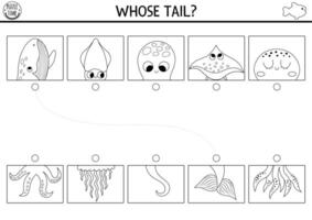 Under the sea black and white connect halves worksheet. Matching game, coloring page for preschool kids with ocean animals. Match heads and tails line activity with octopus, jellyfish, whale vector