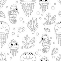 black and white under the sea seamless pattern. Repeat line background with jellyfish and baby. Ocean life digital paper. Water animals and weeds illustration or coloring page with seahorse vector