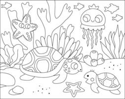 negro y blanco debajo el mar paisaje ilustración con tortuga y bebé. Oceano vida línea escena con arena, algas, corales, arrecifes linda horizontal agua naturaleza fondo, colorante página vector