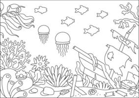 negro y blanco debajo el mar paisaje ilustración con destrozado barco. Oceano vida línea escena con algas, piedras, corales, arrecifes linda horizontal agua naturaleza fondo, colorante página vector