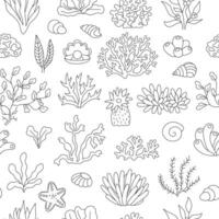 negro y blanco sin costura modelo con algas debajo el mar línea repetir antecedentes o colorante página con corales, actinia, conchas marinas, perla. Oceano vida o agua malas hierbas digital papel vector