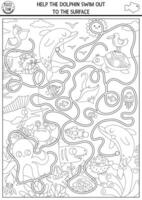 Under the sea black and white maze for kids with marine landscape, fish, pelican, octopus. Ocean line preschool activity. Water labyrinth gam, coloring page. Help dolphin swim out to surface vector