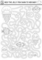 Under the sea black and white maze for kids with marine landscape, jelly fish, clownfish. Ocean line preschool printable activity. Water labyrinth game, coloring page. Help jellyfish swim to baby vector