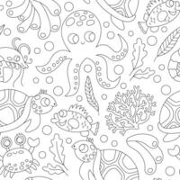 black and white under the sea seamless pattern. Repeat line background with tortoise, octopus, corals, crab. Ocean life digital paper. Water animals illustration or coloring page with fish vector