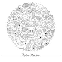 black and white under the sea round frame with divers, submarine, animals, weeds. Line ocean card template design or coloring page. Cute illustration with dolphin, whale, tortoise, octopus vector