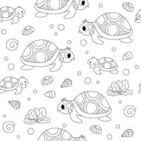 black and white under the sea seamless pattern. Repeat line background with tortoise and its baby. Ocean life digital paper. Funny water animals illustration or coloring page with turtle vector