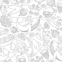 black and white under the sea seamless pattern. Repeat line background with fish, seaweeds, divers, submarine. Ocean life digital paper, coloring page with water animals, dolphin, whale vector