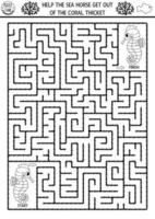 Under the sea black and white geometrical maze for kids with seahorse. Ocean line preschool printable activity. Water labyrinth coloring page. Help the sea horse get out of the coral thickest vector