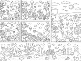 black and white under the sea landscapes set. Ocean life line scenes collection with seaweeds, stones, corals. Cute horizontal, square, vertical water nature backgrounds, coloring page vector