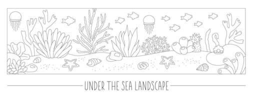 negro y blanco debajo el mar paisaje ilustración. Oceano vida línea escena con arena, algas, piedras, corales, arrecifes linda horizontal frontera agua naturaleza fondo, colorante página vector