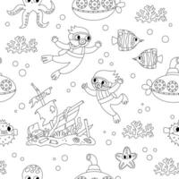 black and white under the sea seamless pattern. Repeat line background with fish, seaweeds, divers, submarine. Ocean life digital paper. Water animals coloring page with wracked ship vector