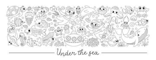 black and white under the sea horizontal set with divers, submarine, animals, weeds. Line ocean card template design or coloring page. Cute illustration with dolphin, whale, tortoise, octopus vector