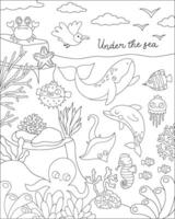 black and white under the sea landscape illustration with rock slope. Ocean life line scene with animals, dolphin, whale, shark, seagull, sun. Cute vertical water nature coloring page, background vector