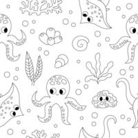 black and white under the sea seamless pattern. Repeat line background with stingray, octopus, shells. Ocean life digital paper. Water animals and weeds illustration, coloring page with fish vector