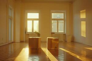 Two cardboard boxes are sitting in a room with white curtains photo