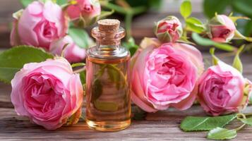 A bottle of rose oil is on a wooden table next to a bunch of roses photo