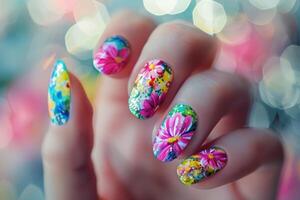 A hand with colorful flowers painted on it photo