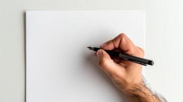 A hand is writing on a blank piece of paper with a pen photo