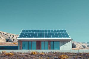 A house with solar panels on the roof and a large window photo