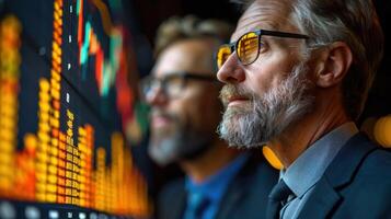 Two men in suits are looking at a screen with graphs on it photo