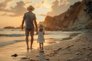 A man and a little girl are walking on the beach photo