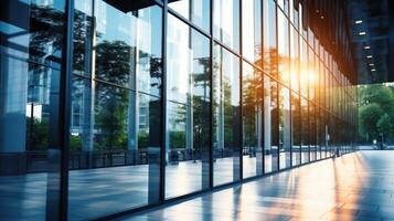 A building glass window with a view of a city skyline. The sun is setting, casting a warm glow on the glass photo