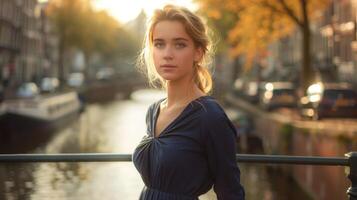 A woman in a blue dress stands on a bridge overlooking a canal photo