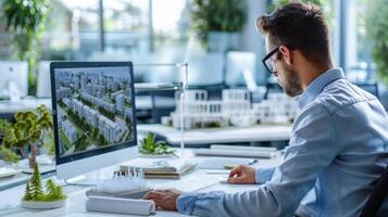 A man is sitting at a desk with a computer monitor in front of him photo