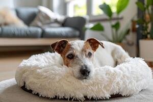 un perro es tendido en un blanco perro cama en un vivo habitación foto
