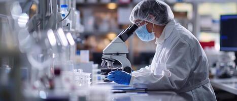 A scientist in a lab coat and gloves is working with a microscope photo
