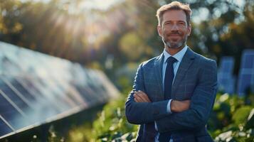 A man in a suit and tie stands in front of a solar panel field photo