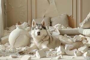 Siberian husky, broken vase fragments of porcelain around the dog in a modern house living room area photo
