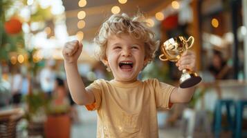 A young child is holding a trophy and smiling photo