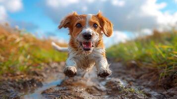 un perro es corriendo mediante barro y agua, con sus lengua fuera foto