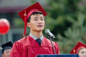 A man in a black graduation robe stands in front of a microphone photo