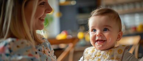 A woman is holding a baby and smiling photo