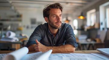 A man is sitting at a desk and writing on a piece of paper photo