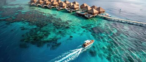 un barco es navegación en el Oceano cerca un grupo de pequeño casas foto