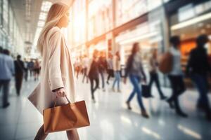 un mujer es caminando abajo un calle con un grande compras bolso foto