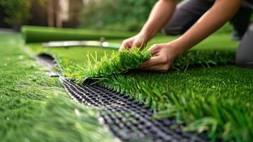 A man is laying down a piece of artificial grass photo