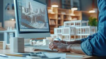 A man is sitting at a desk with a computer monitor in front of him photo
