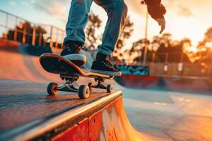 A skateboarder is riding a ramp at a skate park photo