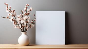 Stylish mockup with a white canvas and a vase of cherry blossoms on a wooden table against a grey wall, ideal for modern interior design themes. photo