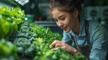 un alegre joven hembra granjero con Rizado pelo sonrisas mientras tendiendo a Fresco lechuga en un lozano interior jardín. vistiendo un mezclilla camisa y delantal, ella encarna un alegre y sostenible agricultura estilo de vida. foto