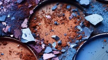 Close-up of shattered eyeshadow in shades of blue, purple, and tan, creating a textured, vibrant landscape of makeup. photo