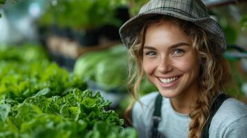 A cheerful young female farmer with curly hair and freckles smiles while caring for fresh lettuce in a lush, green garden. She wears a plaid hat and overalls, embodying a joyful and natural farming photo