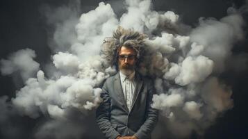 Stoic man in suit with wild, cloud-like hair, amidst swirling smoke, creating a powerful, surreal, and thoughtful image. photo