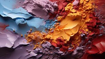 Vibrant crushed makeup powders in a vivid spectrum of red, orange, yellow, purple, and blue hues, showcasing a colorful, textured abstract composition. photo