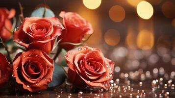 un de cerca de vibrante rojo rosas adornado con gotas de rocío, conjunto en contra un bokeh antecedentes. el elegante, Fresco flores con lozano verde hojas crear un romántico y lujoso atmósfera foto